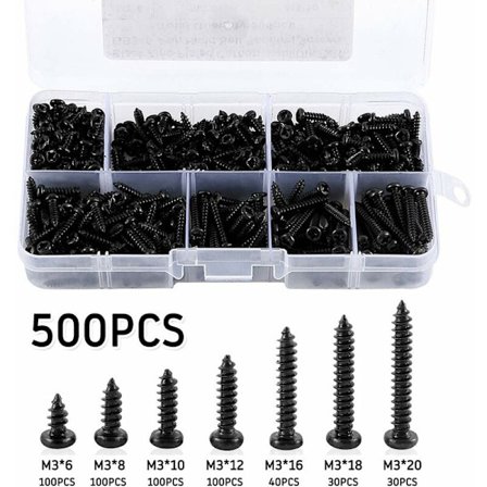 500 pakke M3 sorte selvborende skruer, runde hodeselvskruende skruer for mykt treverk metall, med plastboks