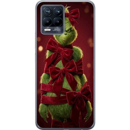 Yhteensopiva Puhelinkuori Realme Realme 8 Grinchi-hahmo koristeltu punaisilla samettinauhoilla juhlavassa studiossa, leikkisällä ja humoristisella t