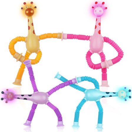 LED Teleskopisk Suggekopp Giraff Leke, 4 Stykker Nye Barn Suggekopp Leke, Morsomme Fidget Leke, Pop Tubes Sensoriske Leke for Barn