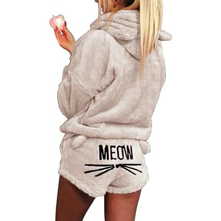 Famkit Naiset Tytöt Fleece Pyjama Mukavat Yövaatteet Meow Kirjailtu Hupullinen Pusero Puloveri Shortsit Pj Kaksiosainen Sarja Pyjamajuhlat Beige S