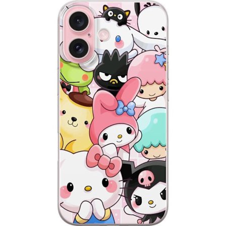 Yhteensopiva Puhelinkuori Apple iPhone 16 Tiheä kuvio suloisia hahmoja, joilla on suuret silmät eri väreissä ja ilmeissä LABUBU-tekstillä