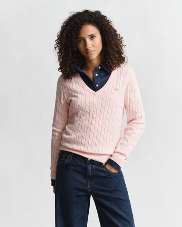 GANT Damen Zopfstrick V-Neck Pullover aus Stretch-Baumwolle (S) Rosa