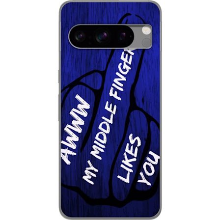 Kompatibelt Mobildeksel til Google Pixel 8 Pro Mørk typografisk illustrasjon med hjerteform og budskap om vennskap mot dyp blå tretekstur