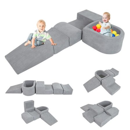 5PCS Byggeklodser i Skum COSTWAY med Boldbassin, Vaskbart Fløjl Betræk til Børn 3 År+ Grå