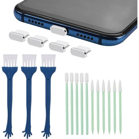 Mobiltelefon rengjøringssett 17 deler USB-C mobiltelefonport rengjøringsbørstesett metall støvplugg mobiltelefon høyttaler rengjøringsbørste (sølv)