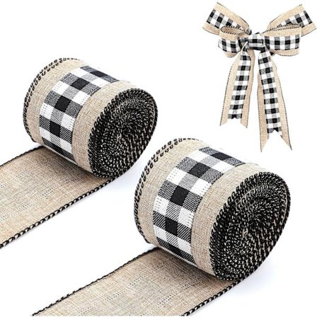 2 Ruller 6 Yards Rutete Bånd Jute Stoff for Håndverk, Rutete Jute Bånd med Ståltråd Juledekorasjoner for DIY Håndverk