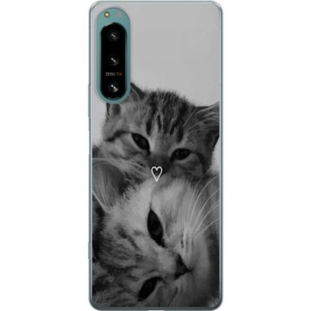 Kompatibelt Mobilskal till Sony Sony Xperia 5 IV Svartvit kattbild med två katter och hjärtsymbol, romantiskt och mysigt djurmotiv.