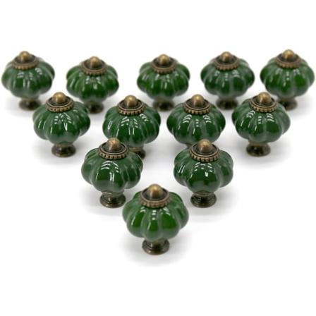 Set med 12 keramiska handtag för lådor, mörkgrön (35 mm), klänning