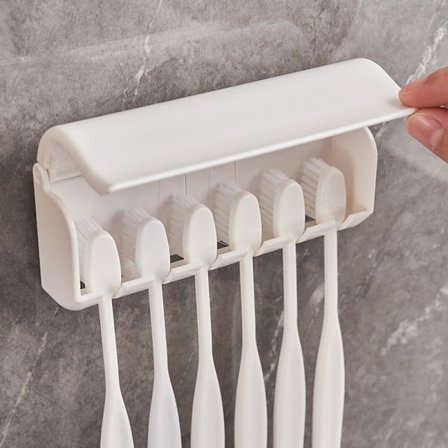 Veggmontert tannbørsteholder med lokk, 6 selvklebende tannbørsteplasser, oppbevaringsstativ kompatibelt bad, dusj, bobil, campingvogn