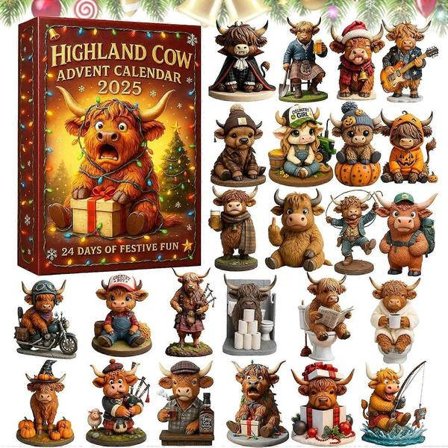 Highland Ko Adventskalender 2025, 24 Dages Jule Nedtællingskalender med 24 Forskellige 2D Akryl Mini Highland Ko Ornamenter, Julegave, Holi
