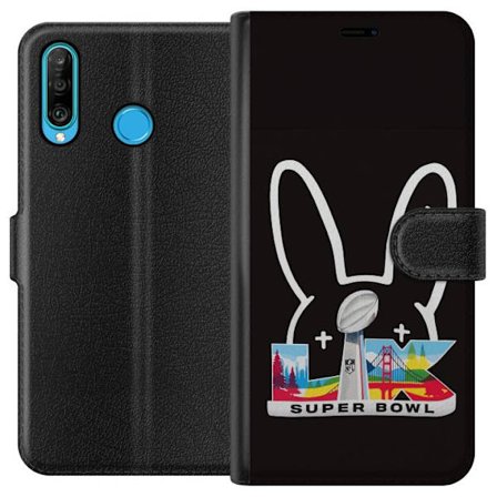 Kompatibel Tegnebogsetui til Huawei P30 lite Bad Bunny portræt med åben skjorte, tatoveringer og krøllet hår i stilfuld modefotografering