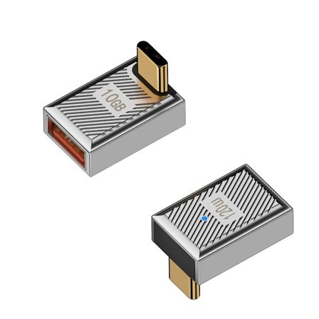 USB A naaras - USB-C uros -sovitin, suorakulmainen, 120 W, merkkivalolla, alumiiniseos, nopea lataus ja tiedonsiirto