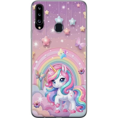 Kompatibel Mobilcover til Samsung Galaxy A20s Magisk enhjørning med regnbue manke, stjerner og sommerfugle mod en pastelfarvet himmel med skyer