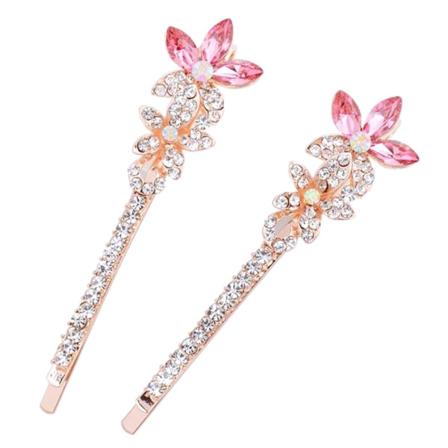 2 stk. Mote Metall Krystall Blomster Hårklips Rhinestone Hårspenner Bobby Pins Hårnål Hårtilbehør Hodeplagg Styling Verktøy (Rosa)