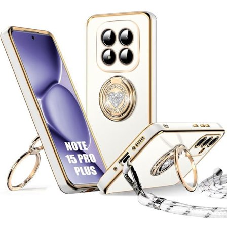 Cover til Xiaomi Redmi Note 15 Pro Plus 5G, med roterende ring, hjerte mønster og snor - Hvid