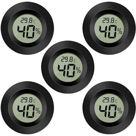 Fem runde, innebygde svarte digitale hygrometre - egnet for luftfuktere, avfuktere, drivhus, kjellere og planteskoler.