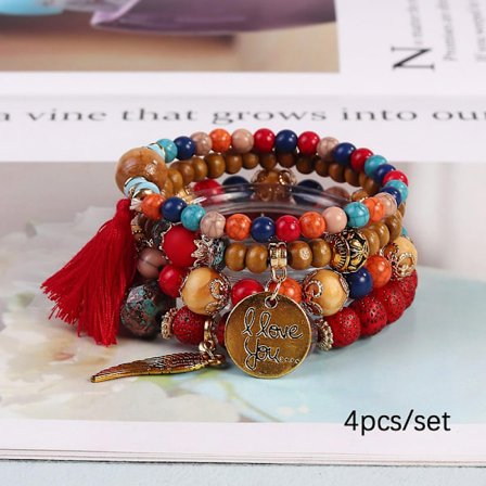 Armbånd - Fint smykke Vintage Bohemian Style Træ & Perle Lagdelt Armbånd