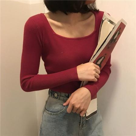 Naisten Neuleet Syksy Talvi Neule Neliömäinen Kaulus Pitkähihainen Aluspaita Slim Fit Pehmeä Muoti Wine Red S