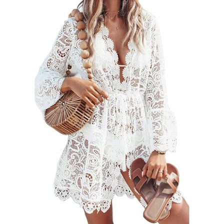 Dam Spets Blommig Bikini Överdrag V-ringad Utskuren Baddräkt Tunika Strandklänning Sommar Strandkläder