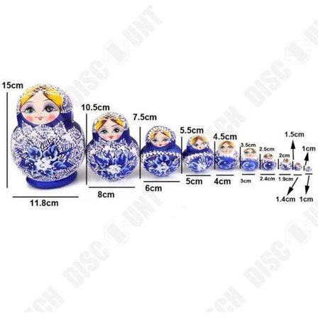 Ryska Dockor - TD - Trä Matrioschka - 10 delar - Blå och Vit - Dekorativ