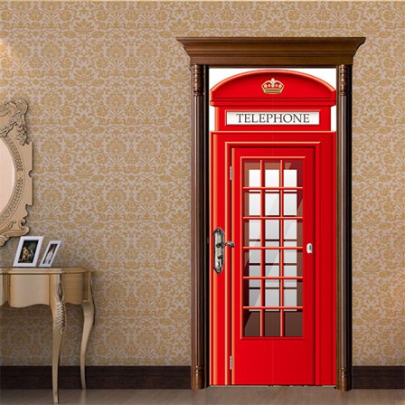 Rød telefonkiosk 77x200cm 3D dørklistremer Vinkjeller Fotomural Trompe l'oeil Veggklistremer PVC Vanntett Tapet for Soverom Bad Kjøkken D