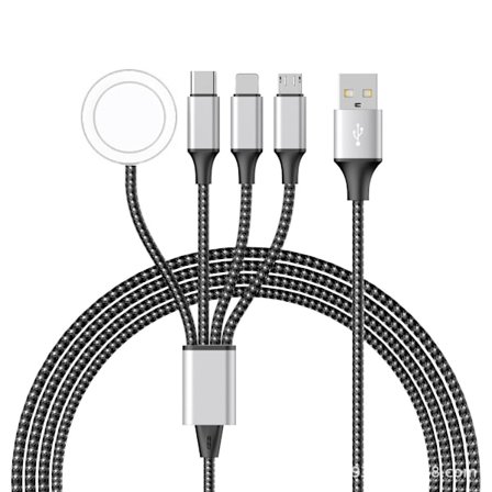 USB-datakabel til Apple Watch, 4 i 1 nylonflettet kabel, USB C/Micro-port/iPhone/Android-kompatibel