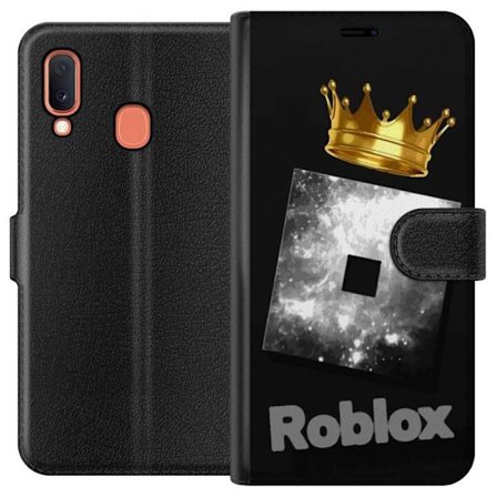 Kompatibel Tegnebogsetui til Samsung Samsung Galaxy A20e Minimalistisk sort og sølvfarvet Roblox-symbol med gylden krone og luksuriøs gamer-æstetik
