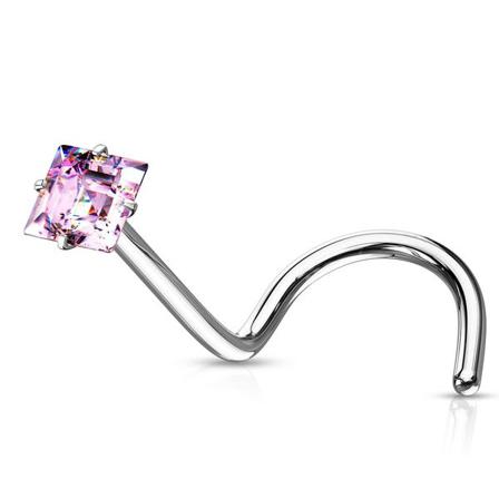 1 St Skruvbar näspiercing i IP 316L stål med 2, 5 fyrkantigt CZ 4 Stål / Rosa CZ
