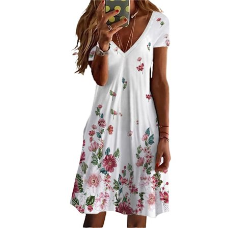 Print Blomstertrykk Løs sommer VNeck kortermet kjole