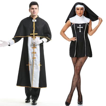 Pariskunnan Halloween-asu naisille Miehille Keskiaikainen Cosplay Pappi Nunna Lähetystyöasu Kirkko Uskonnollinen Luostari Tyylikäs juhlamekko Men XL