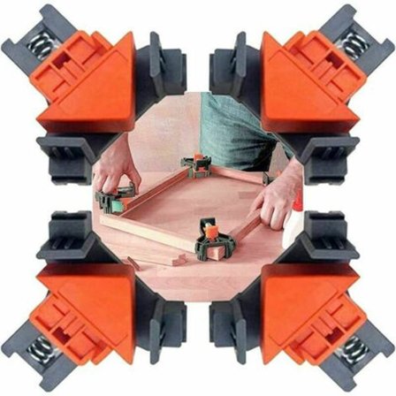 Sæt med 4 retvinklede klemmer til træbearbejdning og snedkerarbejde; 90 graders retvinklede klemmer; hurtigudløsende klemmer til billedrammer.