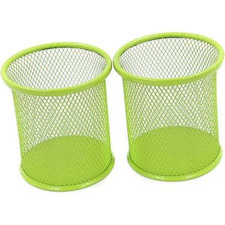 2-pak Grøn Rund Mesh Penholder til Skrivebord, Stål Blyantholder Organizer med Robust Base - Kontorartikler Opbevaring til Saks, Lineal