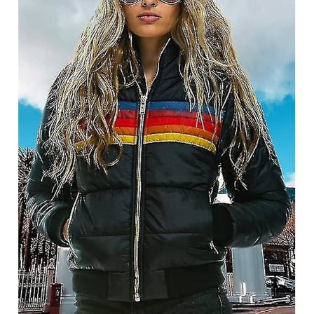 Regnbue Vinterjakke med Glidelås for Kvinner, Vattert, Casual, Stripet, Med Hette