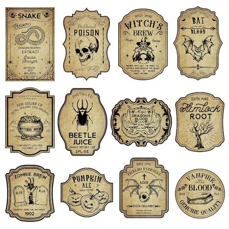 12/24 stk Halloween Retro Horror Gothic Vinflaske Etiketter Klistermærker Vintage Hexe Graffiti Potion Dekaler Til Halloween Party Dekoration mix 