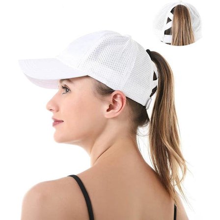 Solhat til kvinder, baseballkasket med hestehale til kvinder, hurtigtørrende sommerhat, åndbart mesh, krydshat, solhat til udendørs sport, hvid