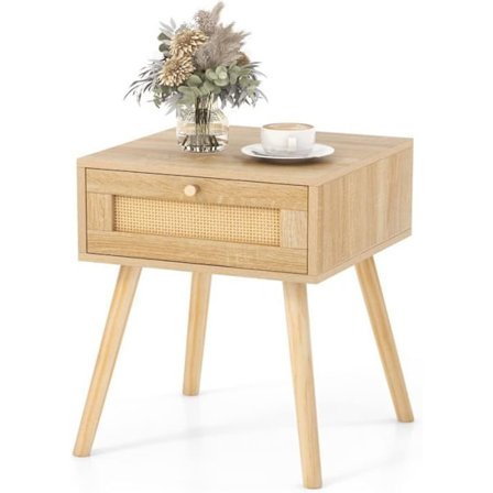 COSTWAY Natbord i rattan, med skuffe og 4 fyrreben, 40 x 40 x 55 cm, natbord, stue, soveværelse, kontor, naturlig