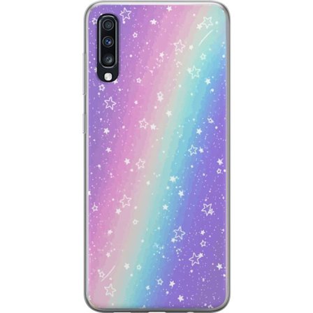 Kompatibelt Mobildeksel til Samsung Galaxy A70 Rainbow-farget pastellbakgrunn med hvite stjerner og gnistrende prikker i myk overgang
