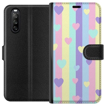 Yhteensopiva Lompakkokotelo Sony Xperia 10 III Pastelliraitoja pinkissä, keltaisessa, violetissa ja sinisessä, joissa on hajallaan pehmeitä kawaii-tyy