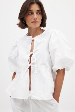 NA-KD Cotton Puff Sleeve Tie Front Blouse - Bluser - Hvid - EU 34