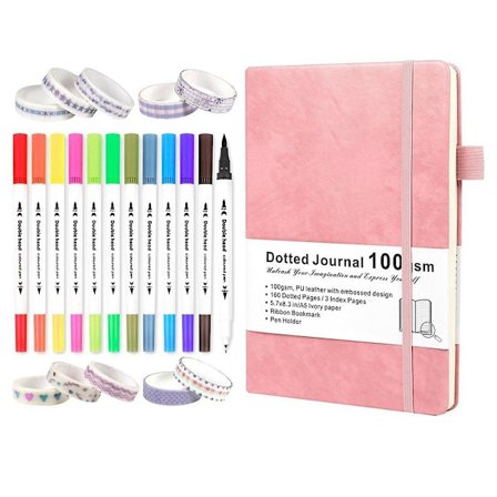 Prickig Journal Set - Dubbla Penslar, Washi Tejp och Schabloner för Kvinnor, Män och Tonåringar, Rosa