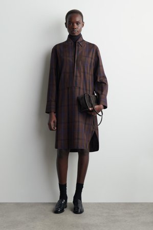 COS Women's Checked Wool Blend Shirt Dress in Brown