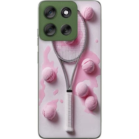 Kompatibel Mobilcover til Motorola Motorola Moto G56 Rosa glaskugler og tennisketsjer i et kreativt stillbillede med legende popfølelse og moderne de