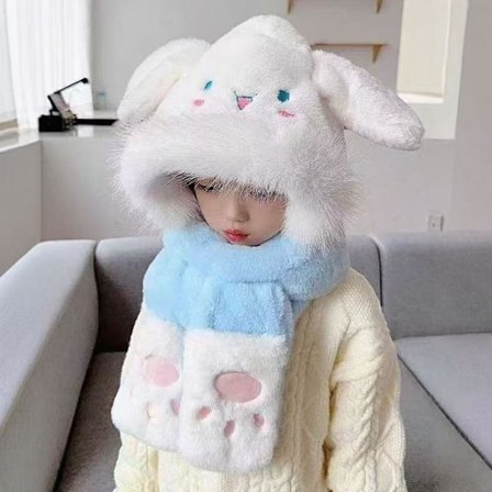 Børns Vinterfortykkede Tredelte Halstørklæde og Hue med Integrerede Ører, der Kan Bevæge Sig