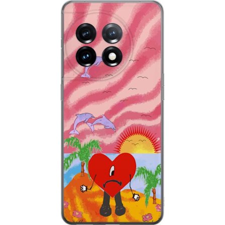 Kompatibelt Mobildeksel til OnePlus 11R Bad Bunny i en fargerik quiltet jakke med hjertemønster og solbriller i moderne gatestil