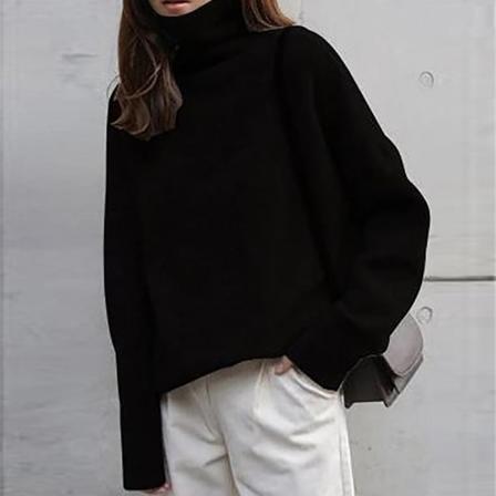 Kvinder Strik Efterår Vinter Sweater Ensfarvet Høj krave Løs Pullover Lazy Base Shirt Black M