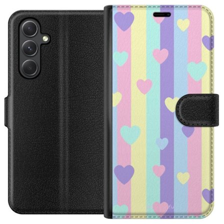 Kompatibelt Lommeboketui til Samsung Galaxy A25 Pastellstriper i rosa, gul, lilla og blå med spredte hjerter i myk kawaii-stil.