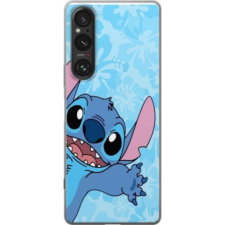 Kompatibelt Mobildeksel til Sony Xperia 1 VI Leken illustrasjon av Stitch som strekker seg mot kameraet på lyseblå blomstret bakgrunn