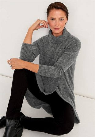 Cellbes of Sweden - Strikket polotrøje med slå-om detalje foran i gråmeleret til damer i størrelse 34/36