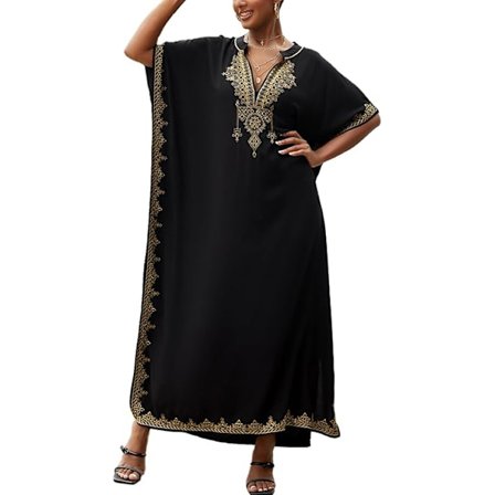 Kaftan med blomsterbroderi, boheme strandkjole, bikini coverup, lang strandkaftan til kvinder