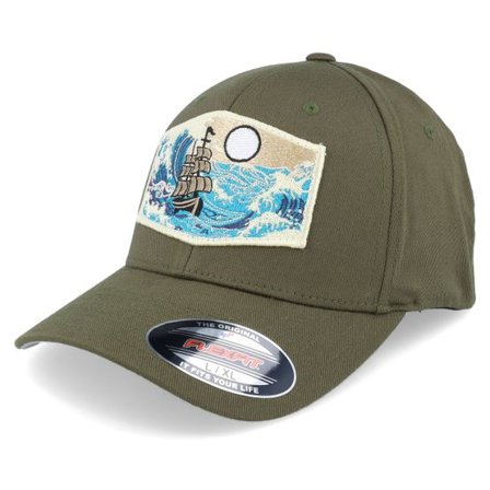 Wild Spirit - Grön flexfit Keps - Big Boat & Waves Patch Olive Flexfit @ Hatstore